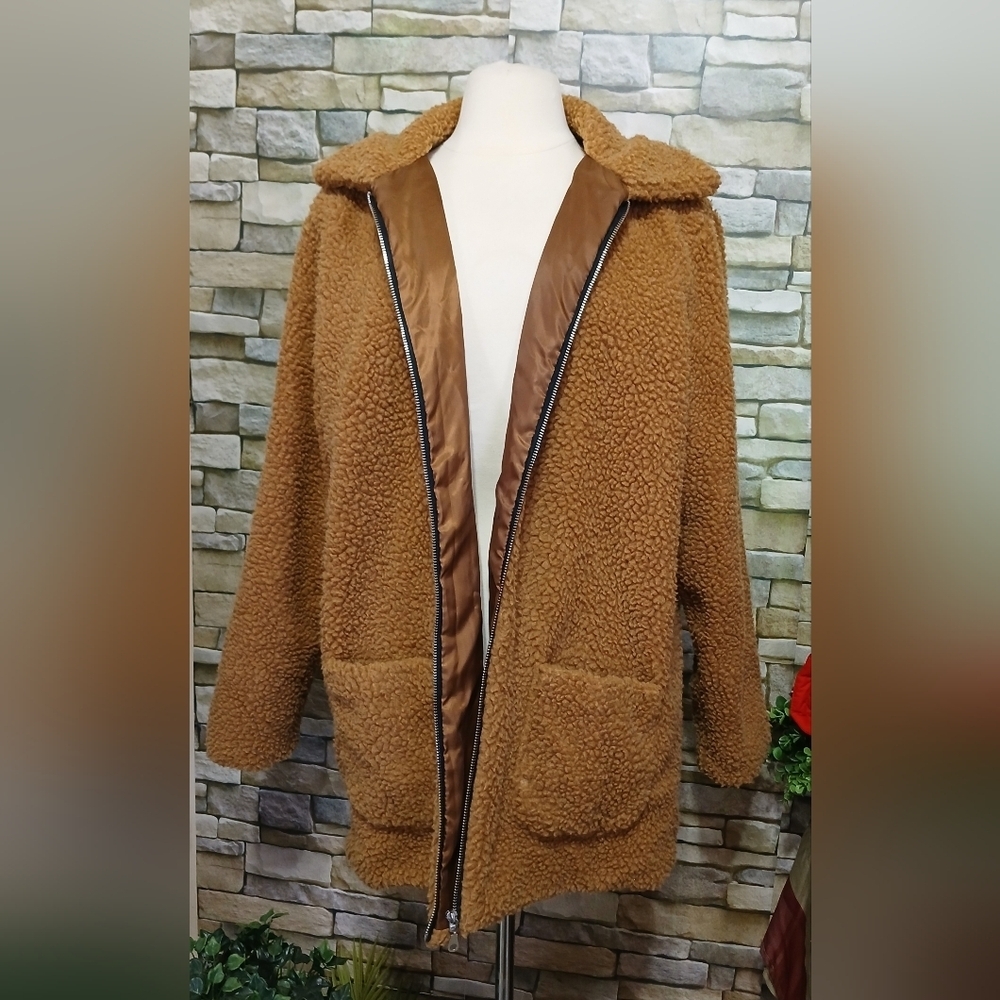 Lanshifei Women’s 2-Pocket Full Zip Fleece Teddy Jacket Camel Brown Size XXXL - Picture 2 of 7